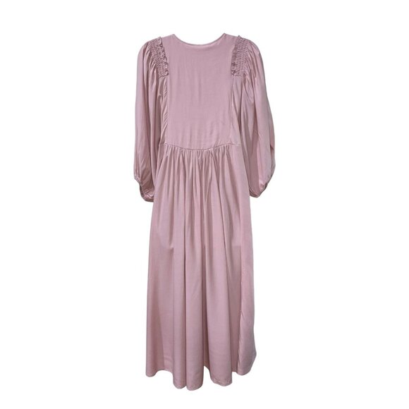New Mustard Seed Pink Midi Dress With Puff Sleeves & Smocked Shoulders  Size S P - Picture 3 of 10